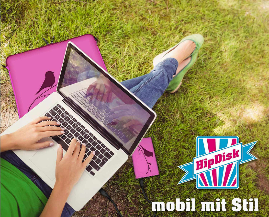 Frau liegt auf der Wiese mit Laptoptasche und HipDisk