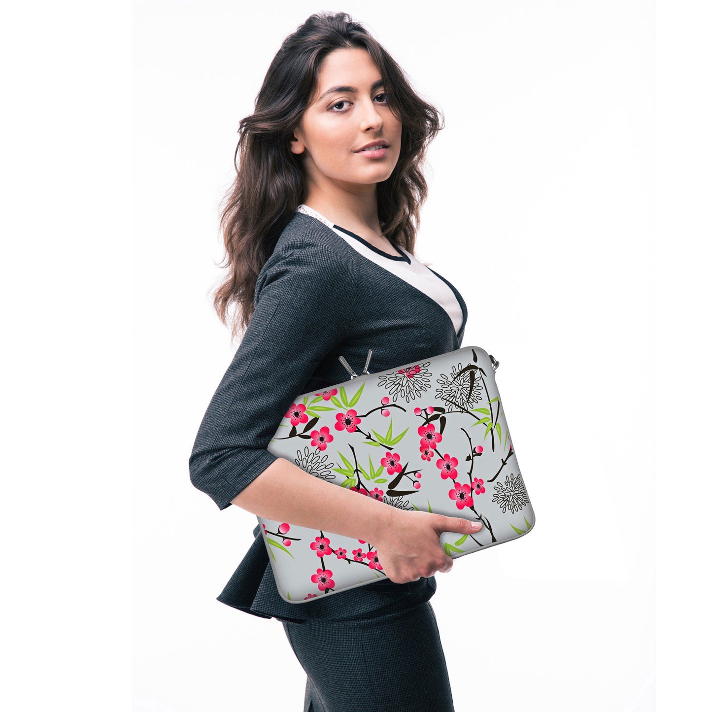 LS104 Sakura Designer Laptop Tasche in grau-pink mit Ösen zum Anhängen von Accessoires