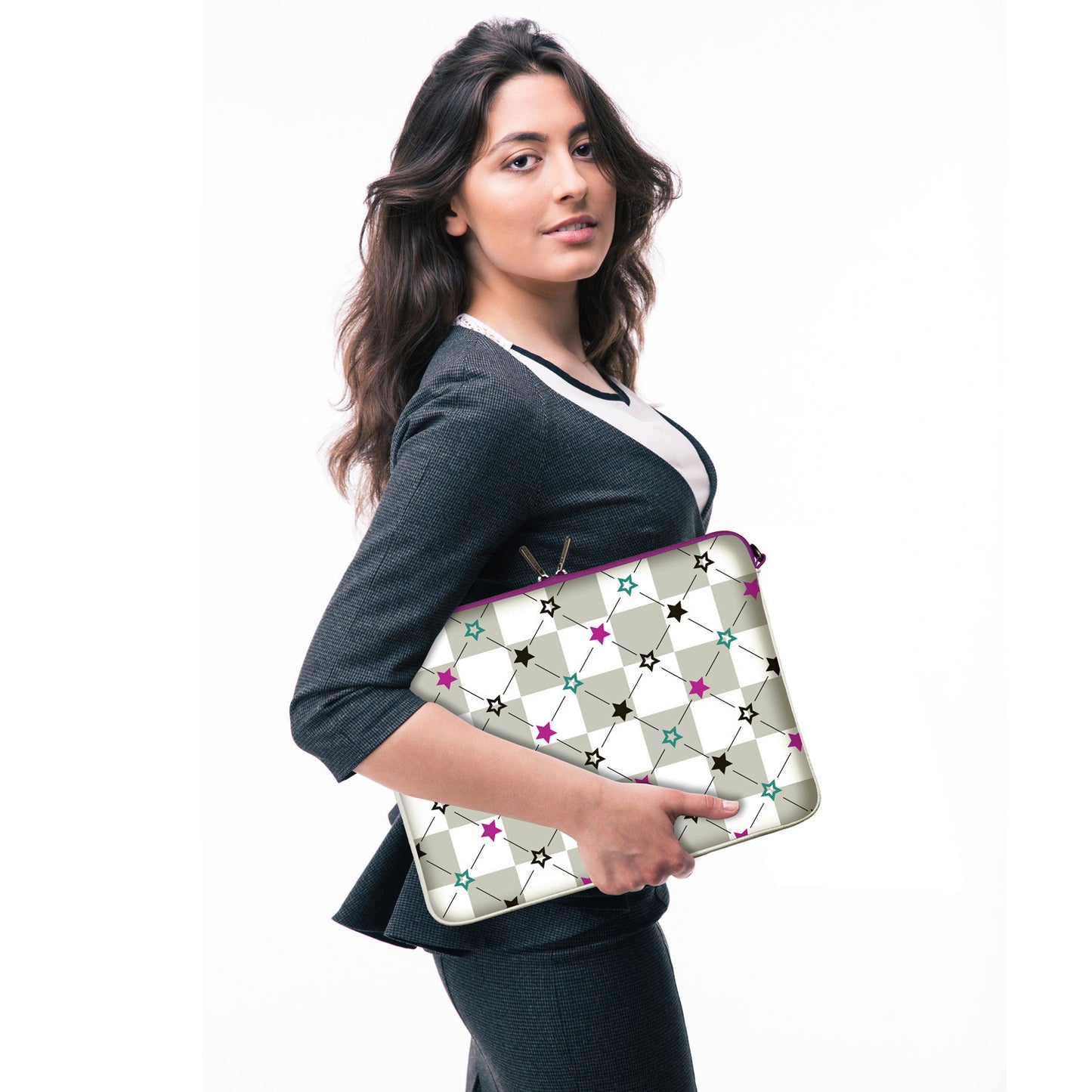 LS112 Stars Designer Tasche für Laptop in weiß mit Ösen zum Anhängen von Accessoires