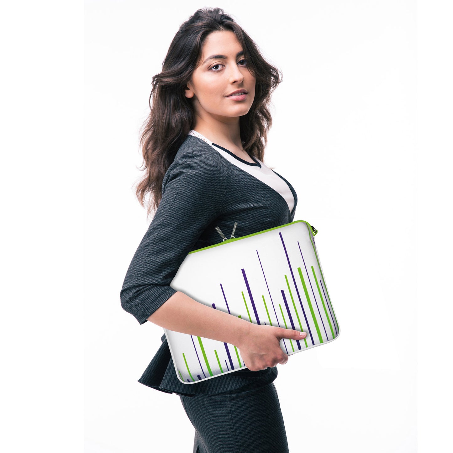 LS130 White Stripes Designer Laptop Tasche in weiß mit Ösen zum Anhängen von Accessoires