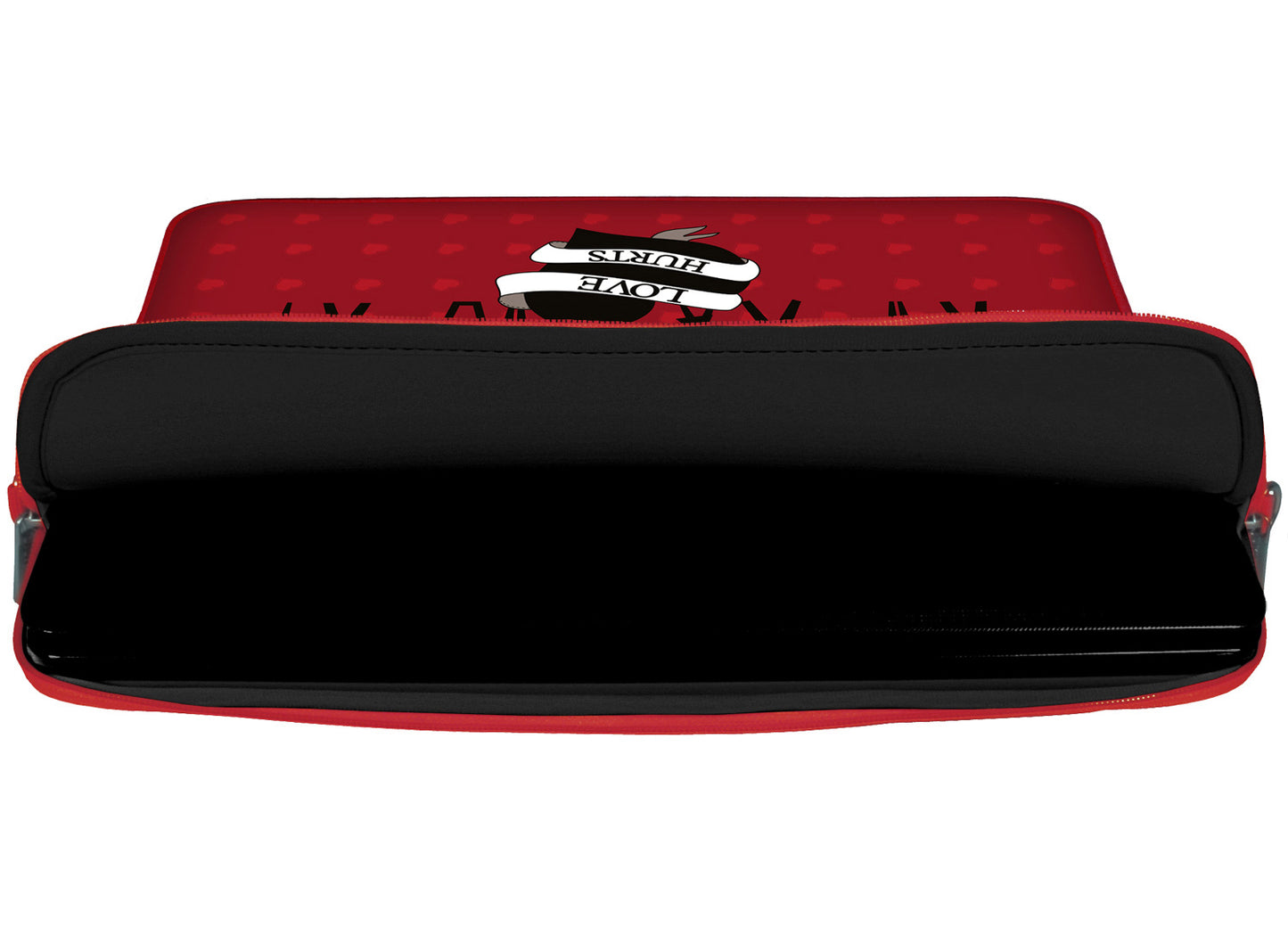 Innenansicht mit Schutzlippen der LS106 Love Hurts Designer Laptop Tasche in schwarz aus wasserabweisendem Neopren