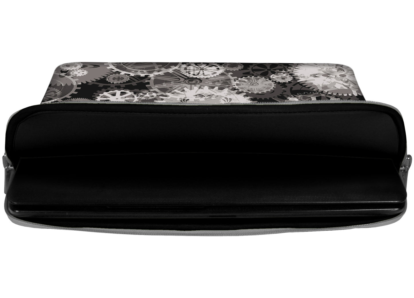 Innenansicht mit Schutzlippen der LS118 Mechanics Designer Laptop Tasche in schwarz aus wasserabweisendem Neopren