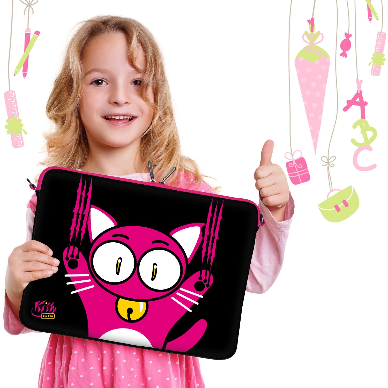 LS140 Kitty to Go Designer Laptop Tasche in schwarz-pink mit süßem Katzenmotiv für Kinder
