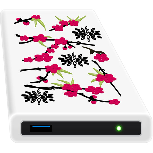HipDisk: Externes Festplattengehäuse mit weißer austauschbarer Silikonhülle im Sakura-Blüten-Design