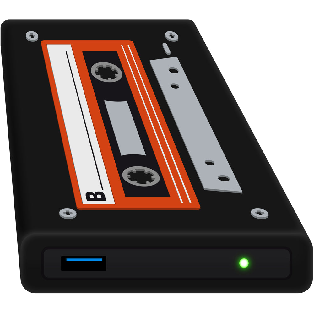 HipDisk: Externes Festplattengehäuse mit schwarzer austauschbarer Silikonhülle im Kassetten-Design