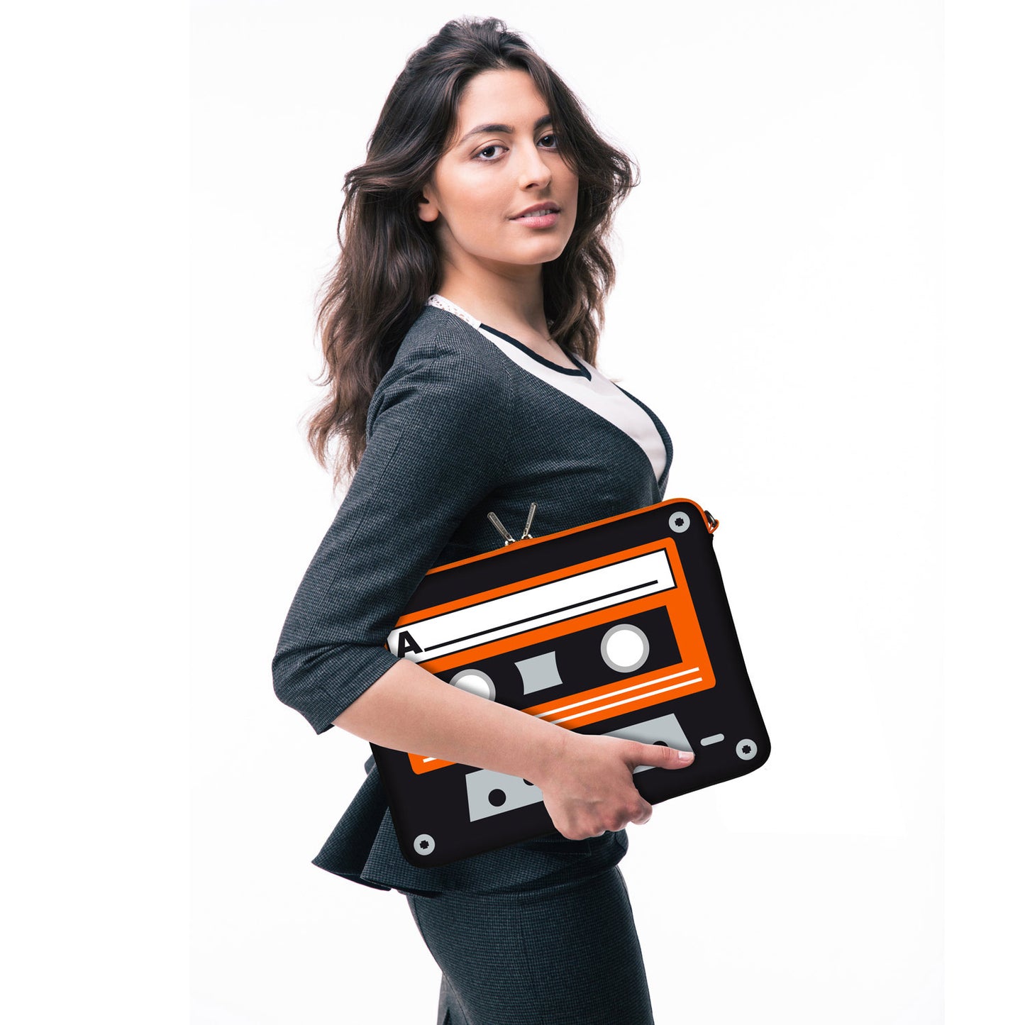 LS132 Old School Designer Laptop Tasche in schwarz-orange mit Ösen zum Anhängen von Accessoires