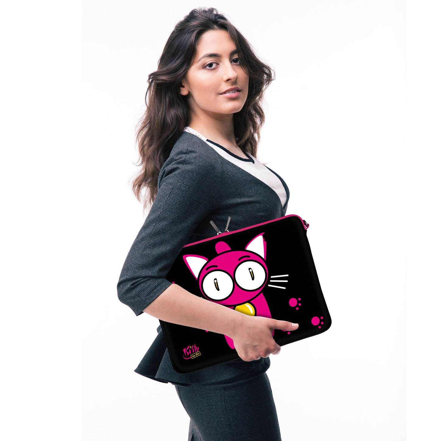 LS133 Kitty to Go Designer Laptop Tasche in schwarz-pink mit Ösen zum Anhängen von Accessoires