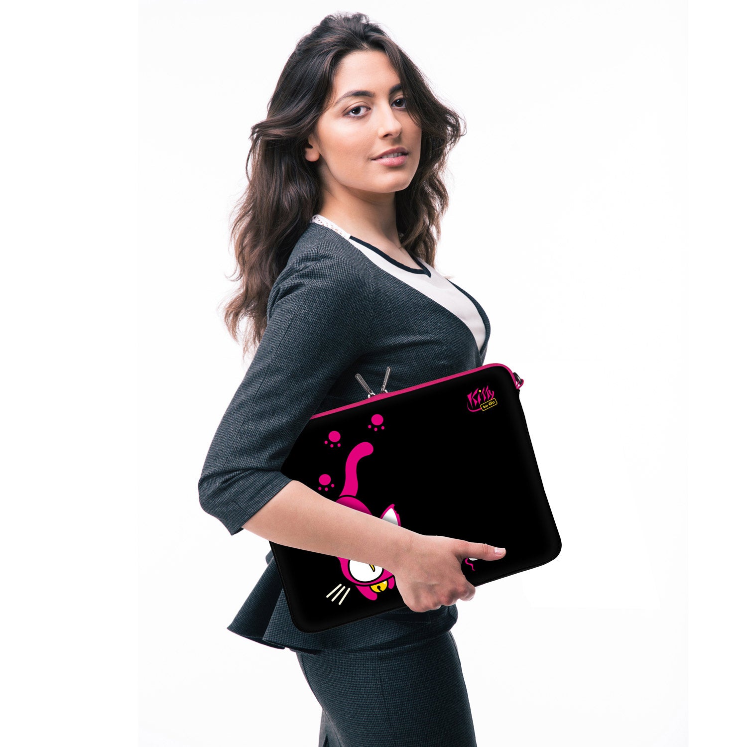 LS141 Kitty to Go Designer Laptop Tasche in schwarz-pink mit Ösen zum Anhängen von Accessoires