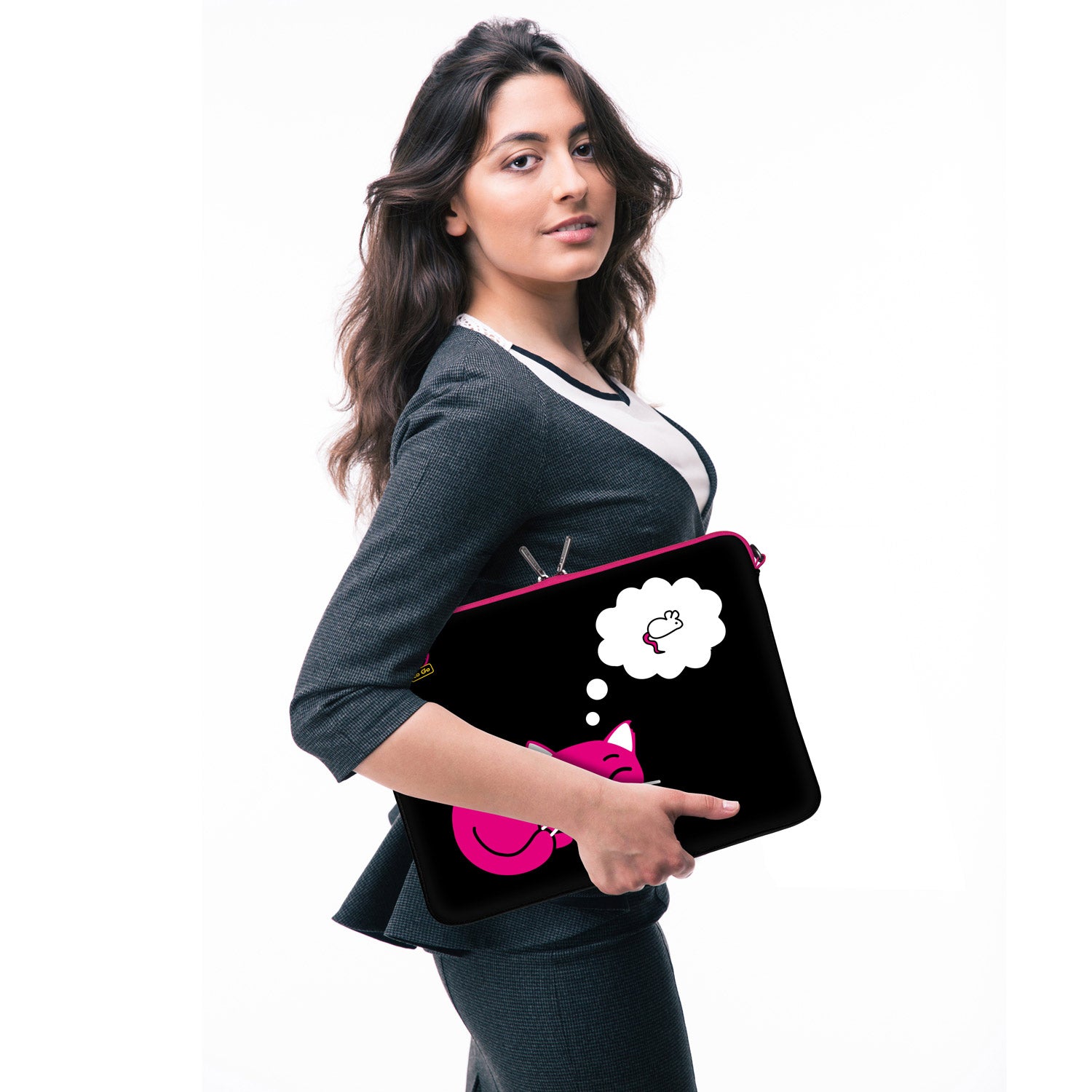 LS143 Kitty to Go Designer Laptop Tasche in schwarz-pink mit Ösen zum Anhängen von Accessoires