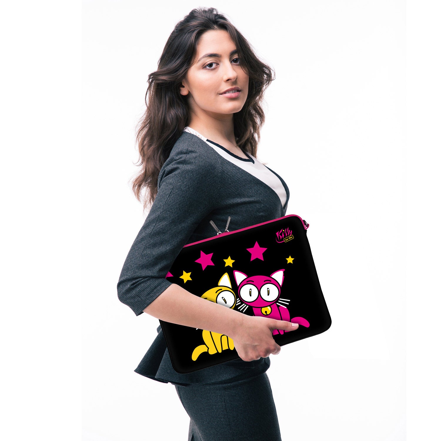LS144 Kitty to Go Designer Laptop Tasche in schwarz-pink mit Ösen zum Anhängen von Accessoires