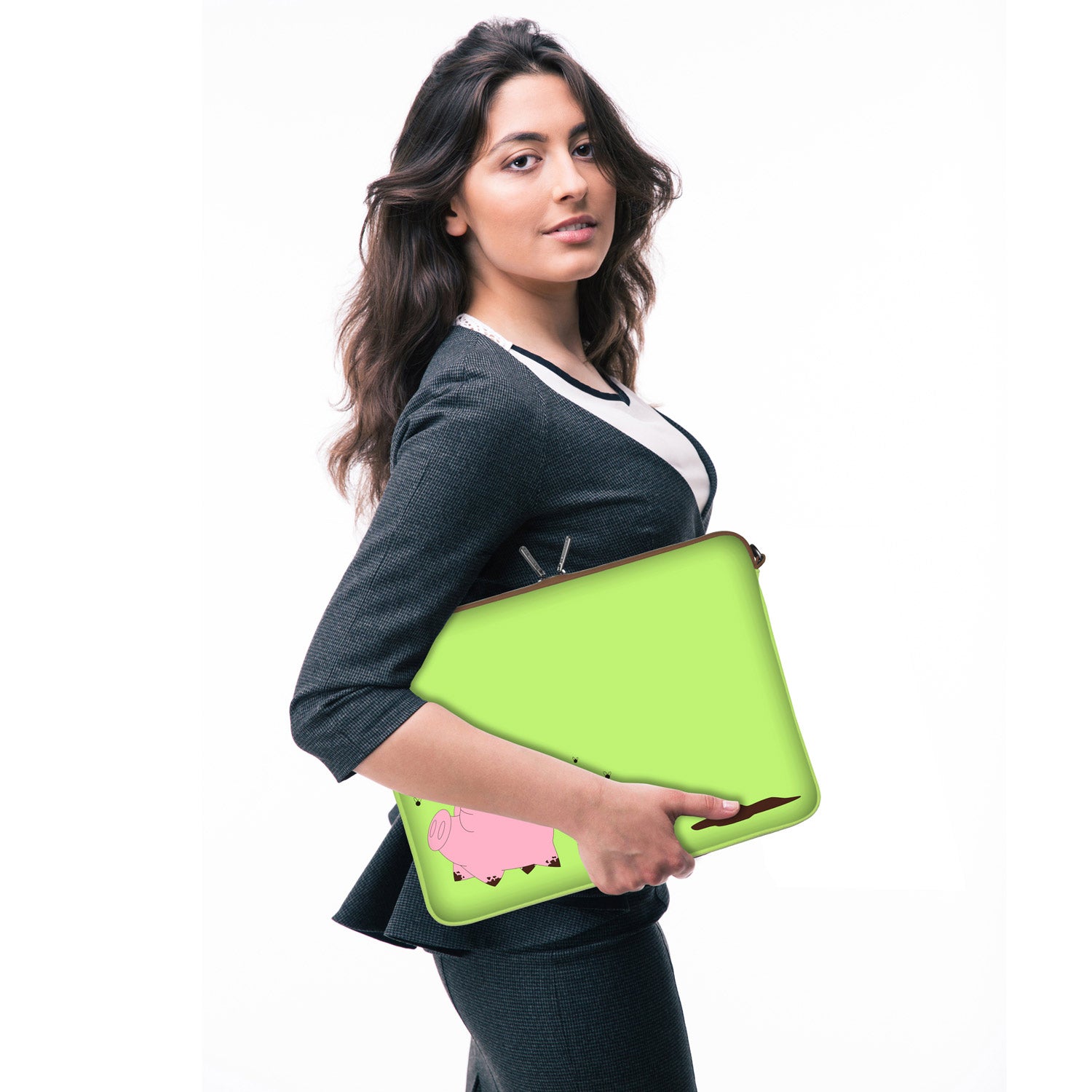 LS158 Happy Piggy Designer Laptop Tasche in grün mit Ösen zum Anhängen von Accessoires