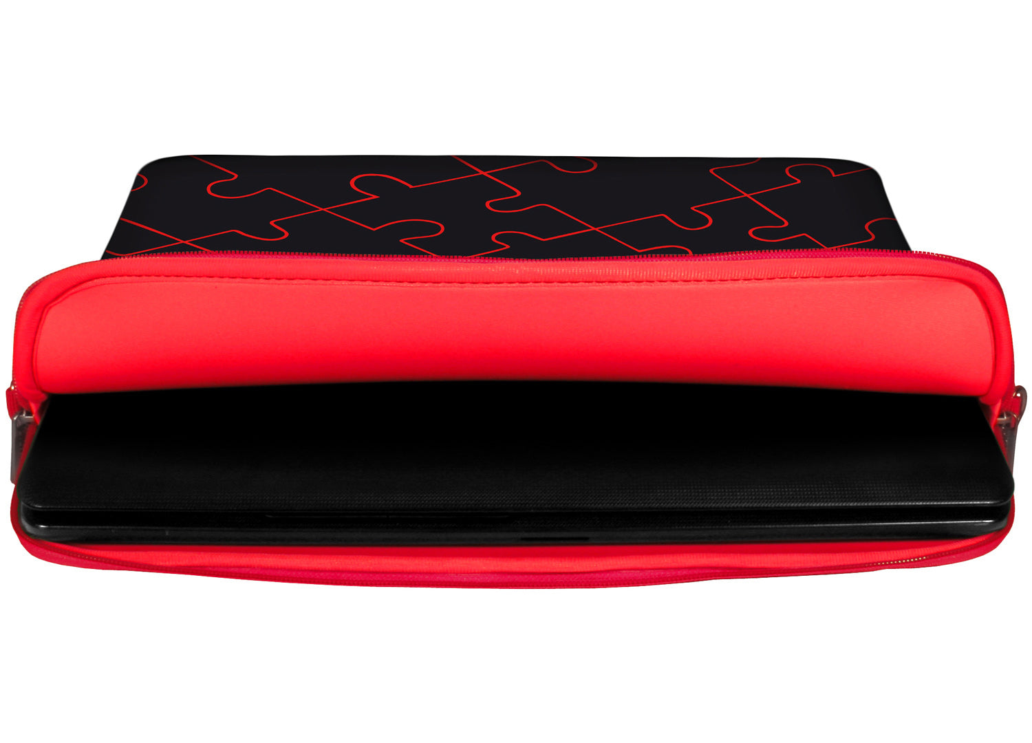 Innenansicht mit Schutzlippen der LS110 Puzzle Designer Tasche für Laptop in rot aus wasserabweisendem Neopren