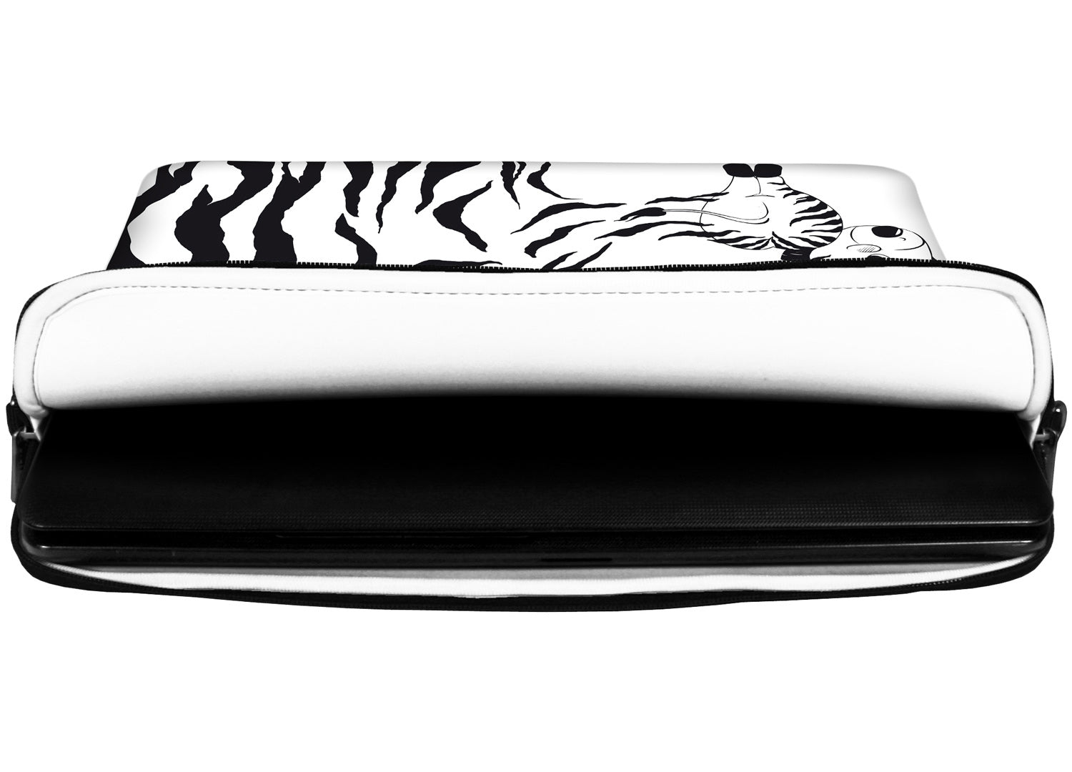 Innenansicht mit Schutzlippen der LS111 Zebra Designer Laptop Tasche in weiß aus wasserabweisendem Neopren