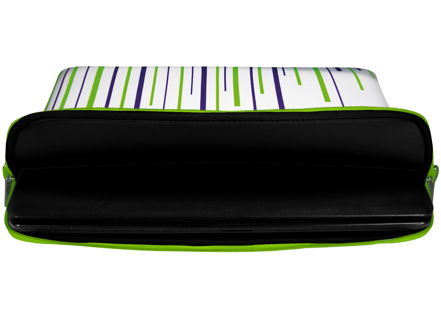 Innenansicht mit Schutzlippen der LS130 White Stripes Designer Laptop Tasche in schwarz aus wasserabweisendem Neopren