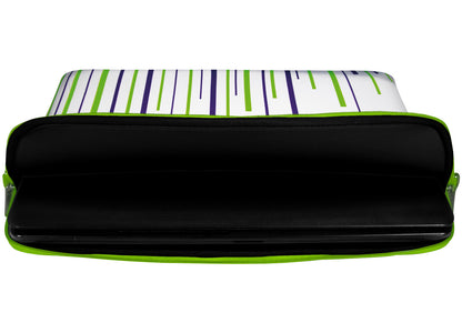 Innenansicht mit Schutzlippen der LS130 White Stripes Designer Laptop Tasche in schwarz aus wasserabweisendem Neopren