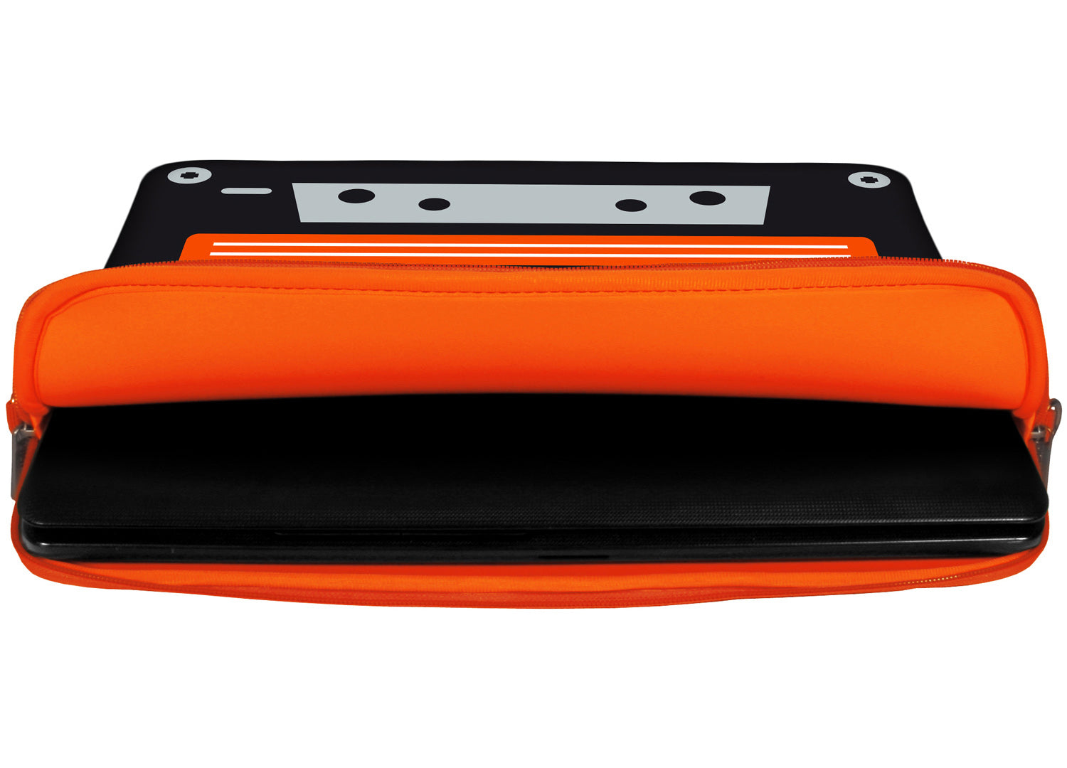 Innenansicht mit Schutzlippen der LS132 Old School Designer Laptop Tasche in orange aus wasserabweisendem Neopren