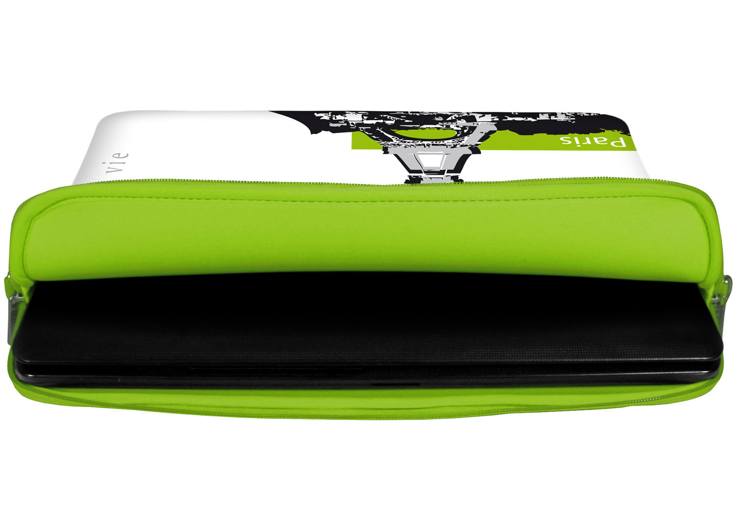 Innenansicht mit Schutzlippen der LS136 Paris Designer Tasche für Laptop in grün aus wasserabweisendem Neopren