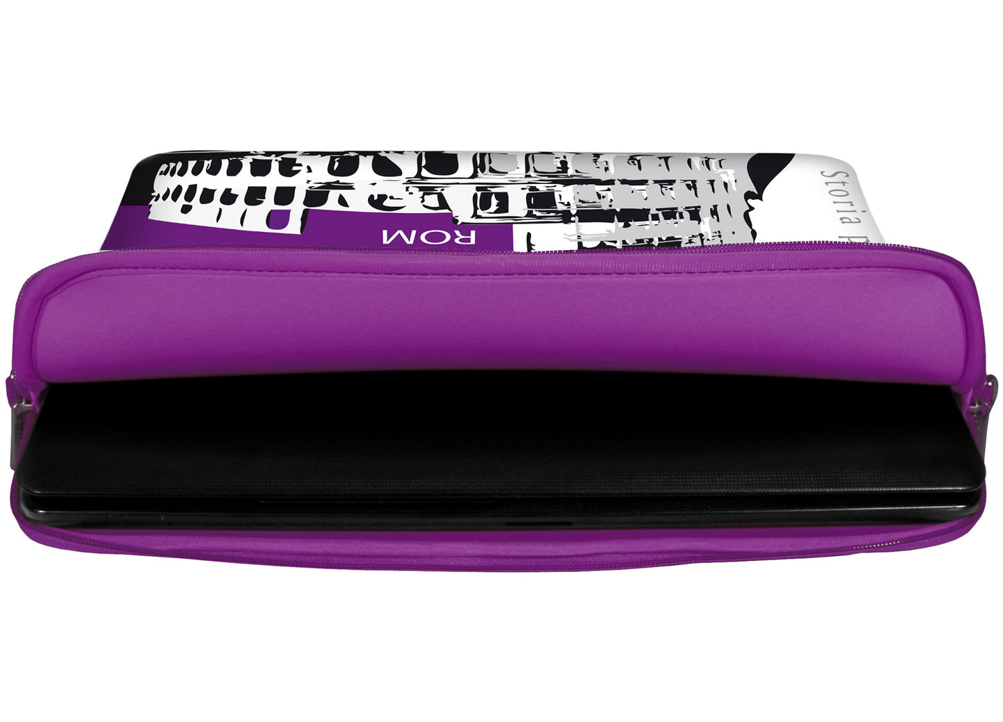 Innenansicht mit Schutzlippen der LS137 Rom Designer Tasche für Laptop in violett aus wasserabweisendem Neopren