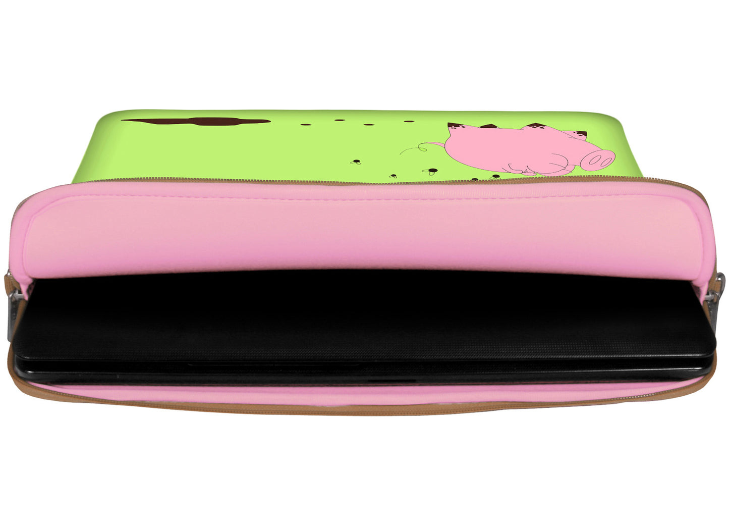 Innenansicht mit Schutzlippen der LS158 Happy Piggy Designer Laptop Tasche in rosa aus wasserabweisendem Neopren