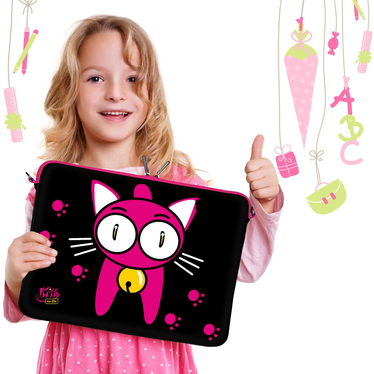 LS133 Kitty to Go Designer Laptop Tasche in schwarz-pink mit süßem Katzenmotiv für Kinder