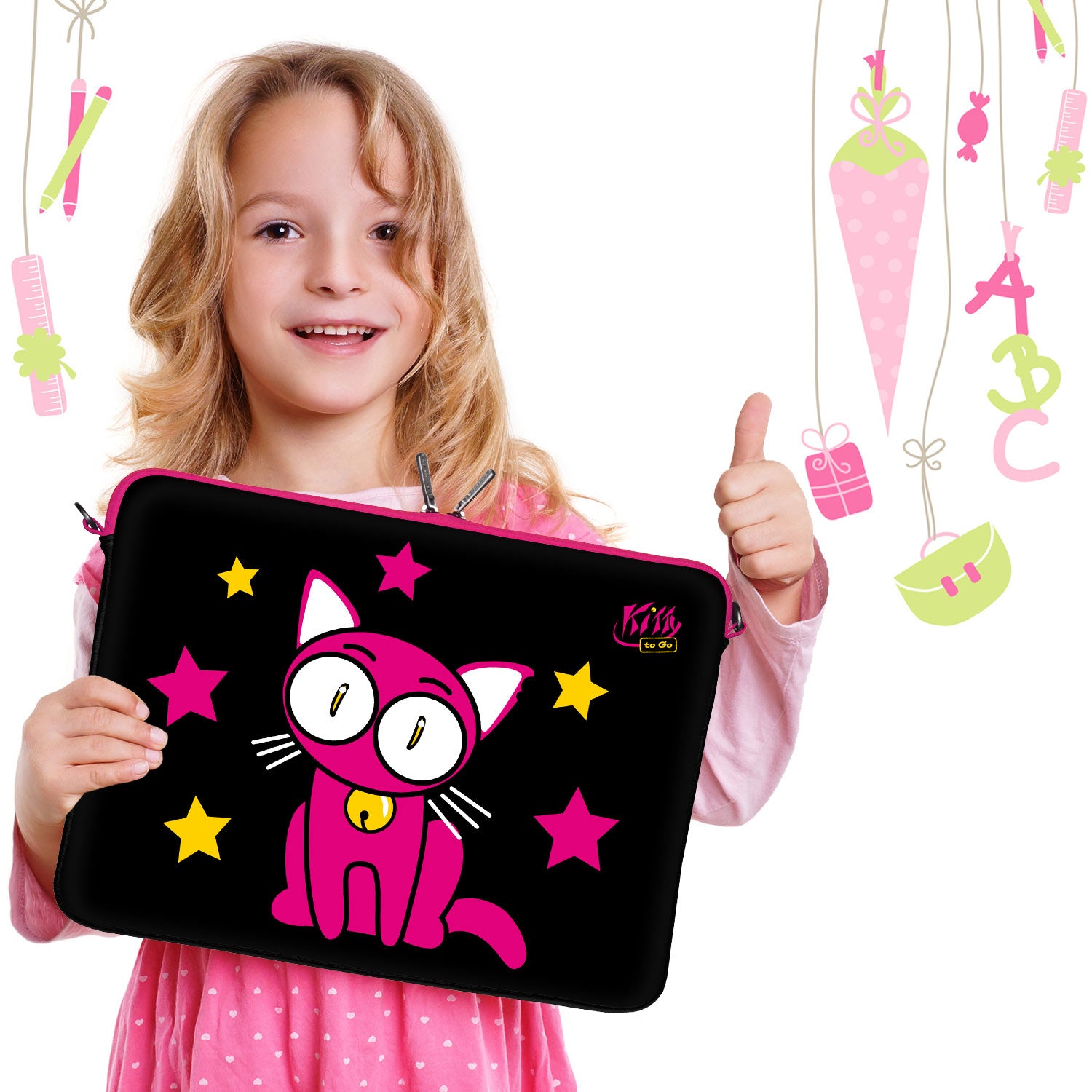 LS142 Kitty to Go Designer Laptop Tasche in schwarz-pink mit süßem Katzenmotiv für Kinder