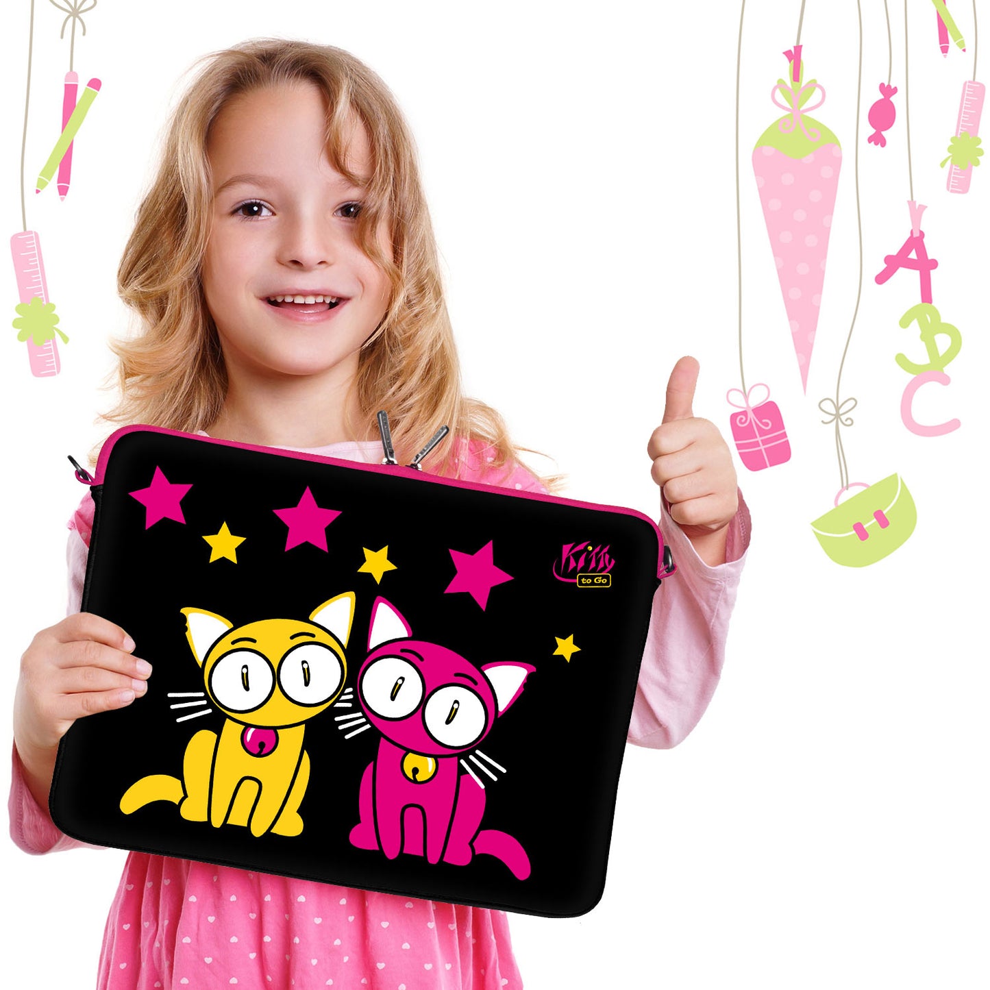 LS144 Kitty to Go Designer Laptop Tasche in schwarz-pink mit süßem Katzenmotiv für Kinder